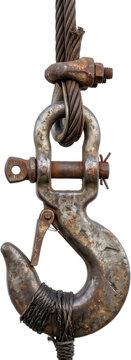 Close up of a heavy duty rusted steel crane hook connected to a wire rope cable via a shackle and metal clamp showing weathered industrial rigging equipment with corrosion and wear