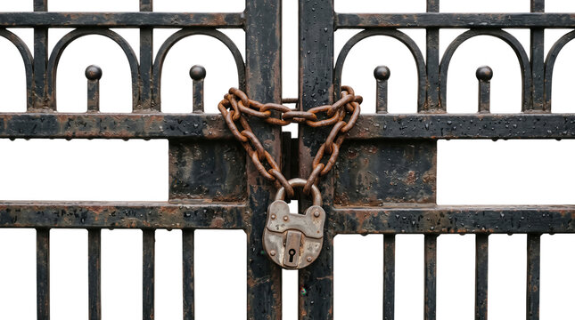 Close up view of an old weathered black metal gate secured tightly with heavy rusty iron chain and large vintage padlock covered in water drops security closed protection