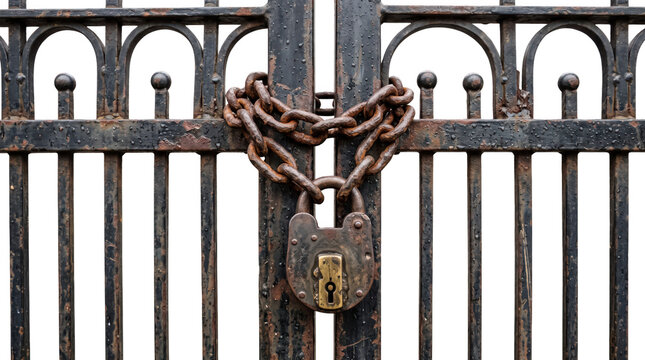 Heavy rusty metal gate secured with an old weathered padlock and thick chain wrapped tightly around the vertical bars showing corrosion texture and secure closure locked security