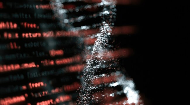 Abstract digital DNA helix interwoven with glowing red code