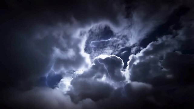 The sky looked dark, shrouded in thick, dramatic, and menacing clouds. Suddenly, a flash of white light pierced through the center and base of the cloud masses.