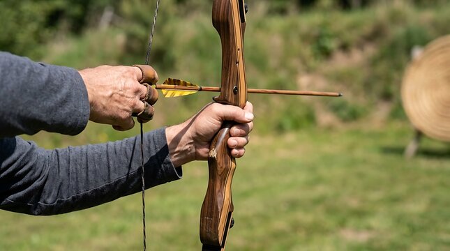 Archer drawing a bow with an arrow nocked and ready to shoot at a