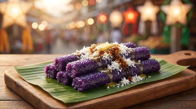 Traditional Filipino Puto Bumbong Purple Rice Cake with Coconut and Sugar on Banana Leaf for Christmas