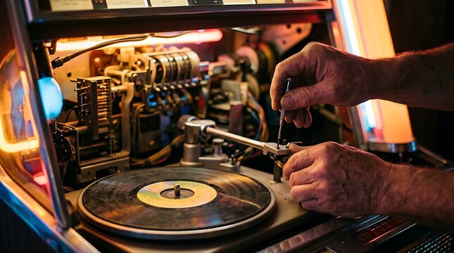 Close up of hands repairing a vintage jukebox mechanism with vinyl