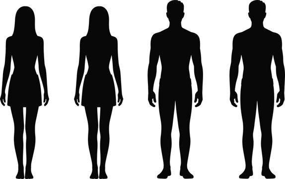 Four black silhouettes of two women and two men standing in a row, isolated on a white background, showing full body front views of diverse people for character reference