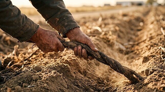 Farmer hands pulling a root from dry soil during harvest season