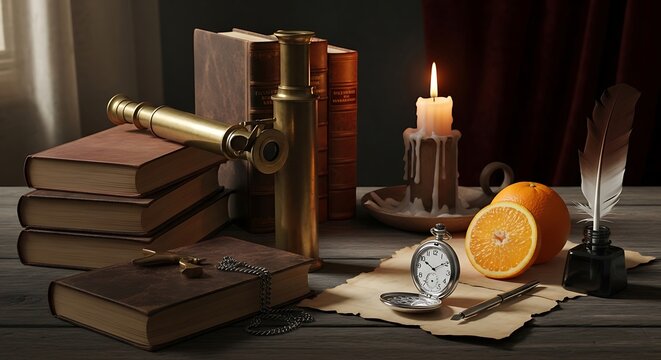 Antique vintage objects including telescope books candle pocket watch