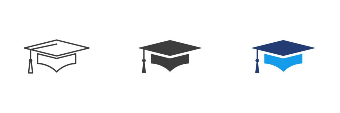 Graduation cap icon set. Graduation hat, student, diploma, tassel, academic symbol stock vector
