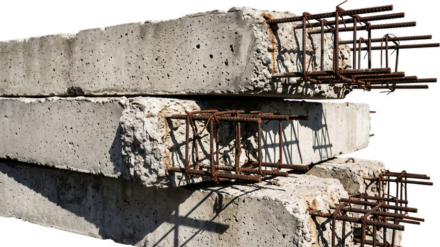 Stack of heavy industrial reinforced concrete beams with rusty steel reinforcement bars protruding from the ends showcasing raw construction materials for building projects