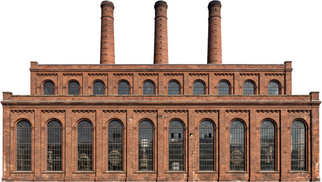 Front view of a large historic brick industrial factory building featuring multiple tall arched windows and three massive cylindrical smokestacks rising from the roof structure