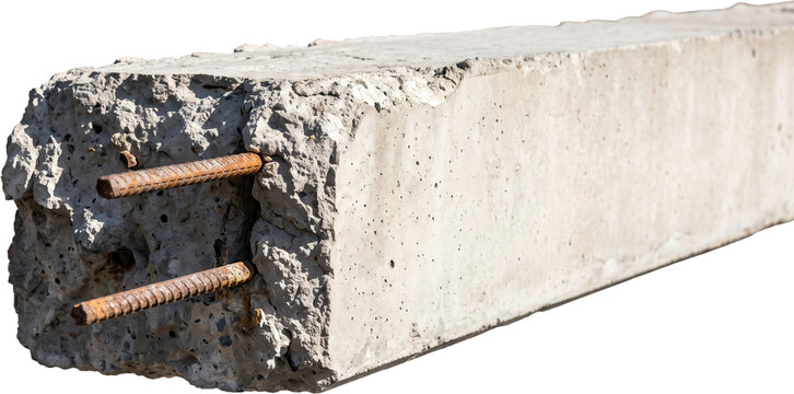 Close up view of a long heavy reinforced concrete beam with protruding rusty metal rebar rods sticking out from the fractured end part structural engineering element detail