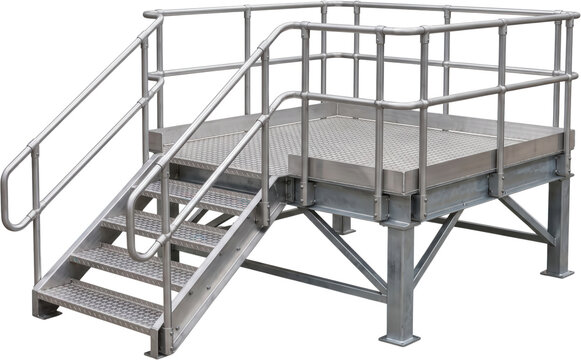 Industrial metal platform with stairs and safety handrails made of stainless steel featuring diamond plate flooring for factory and warehouse access in manufacturing equipment