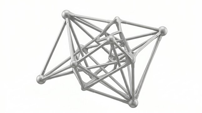 Abstract 3D illustration of a silver geometric molecular structure or hypercube lattice isolated on a white background