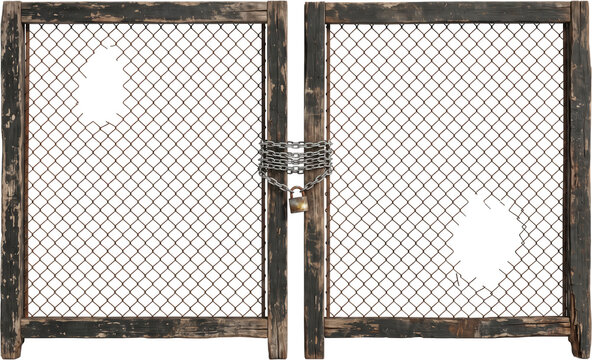 Two weathered wooden framed chain link gates secured tightly together by heavy metal steel chains and a rusty padlock featuring two distinct torn holes in the wire mesh wire