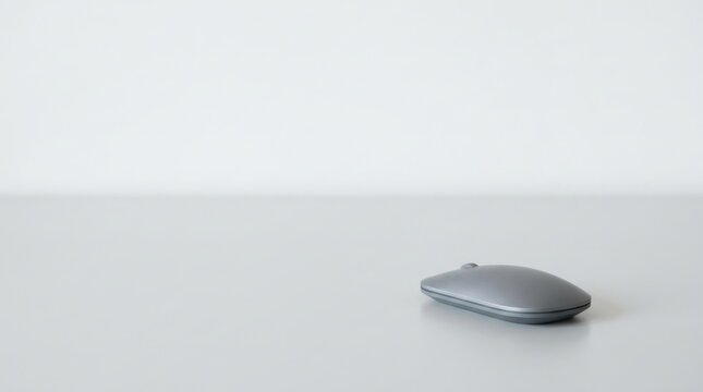 A gray wireless mouse rests on a white table. The mouse is the main subject.