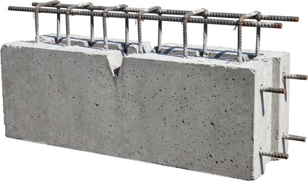 Heavy reinforced concrete beam block sample with protruding steel rebar cages and structural metal reinforcement elements used in modern architectural construction engineering projects