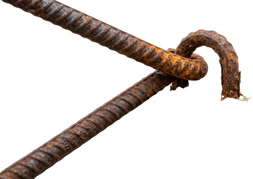 Two aged and weathered rusty metal rebar rods linked securely together showcasing industrial strength and heavy duty construction material texture details in macro view iron