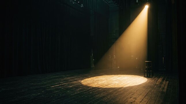 A single spotlight illuminates an empty stage. Dark curtains hang in the background, creating a dramatic atmosphere.