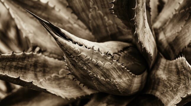 A close-up photograph showcases a cluster of agave plants. The sharp, pointed leaves are prominently displayed, revealing intricate textures and patterns.