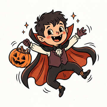 Cute little boy dressed as vampire dracula holding pumpkin basket cartoon illustration