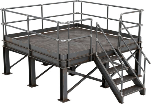 An elevated industrial metal platform featuring diamond plate flooring safety railings support pillars and an attached staircase with handrails viewed from a perspective angle