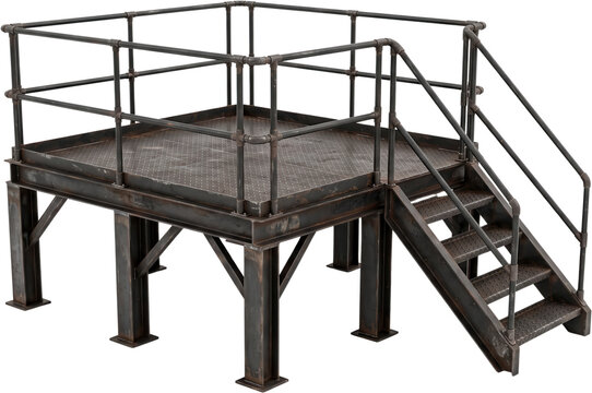 Industrial metal platform with stairs and railings constructed from heavy steel beams and diamond plate flooring creating an elevated workstation structure for architectural design projects