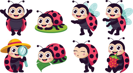 Obraz premium Cute Cartoon Ladybug Mascot Vector Icon Set Featuring Happy Red Beetle Characters Crawling on Leaves, Flying with Wings, Holding Strawberries, and Using Magnifying Glasses for Kids Education