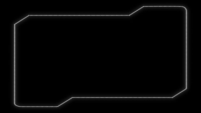 Glowing white futuristic HUD dashed line frame isolated on a black background. Sci-fi high-tech geometric border overlay for modern cyber video interfaces.