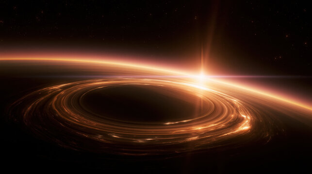 Black hole accretion disk glowing with gravitational lensing and radiant light against deep space, creating dramatic cosmic scene