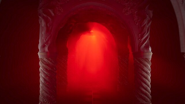 Fiery Red VJ Loop of Dark Ancient Temple Hallway with Glowing Lights
