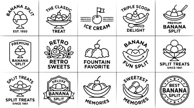 Banana Split Ice Cream Dessert Icons Set, Vintage Retro Style, Transparent Background