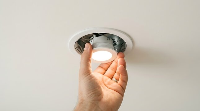 Hand installing a recessed LED light fixture into a white ceiling
