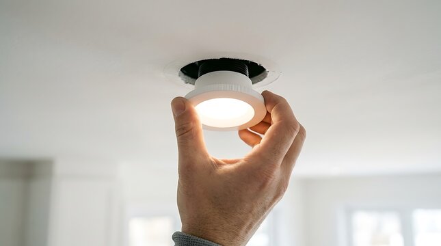 Hand installing a modern LED recessed ceiling light fixture for home improvement