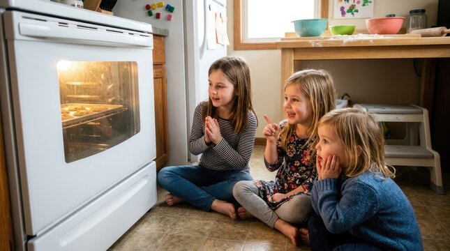 Three young girls are excitedly watching a baked good in an oven. They are sitting on the floor, leaning forward with their hands clasped and pointing at the oven.