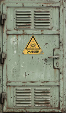 Weathered green industrial metal door featuring heavy rust texture visible ventilation louvers at top and bottom a sturdy handle and a warning sign displaying a skull and crossbones symbol