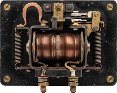 Detailed top view of an antique electrical relay switch mechanism featuring copper coil windings springs terminals and metallic components mounted on a black panel board vintage device