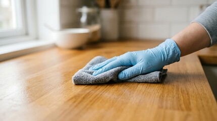 Fototapeta premium Hand wearing blue glove wiping wooden kitchen counter with microfiber cloth
