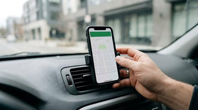 Person holding smartphone with navigation app on car dashboard
