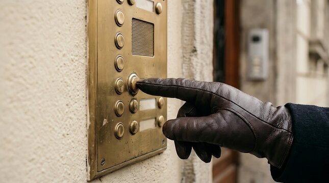 Person wearing leather gloves presses a vintage brass intercom button on a textured wall