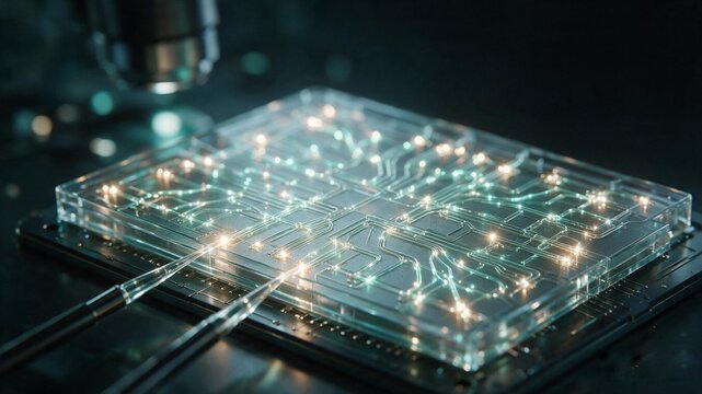 Transparent glass circuit board with glowing lights under microscope