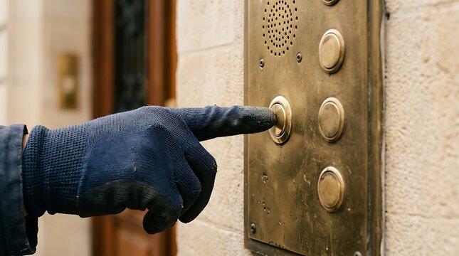 Gloved hand pressing a vintage brass intercom button on a textured wall