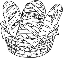 Halloween Wicker Basket with Mummy Bread and Bat Line Art