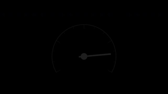 Black dashboard gauge meter with sweeping needle, seamless loop animation, transparent background