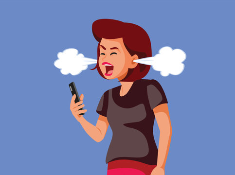 Angry Woman Screaming at Phone Smoke Coming Out Her Ears     
 Furious businesswoman yelling at smartphone while smoking ears show intense stress emotion 