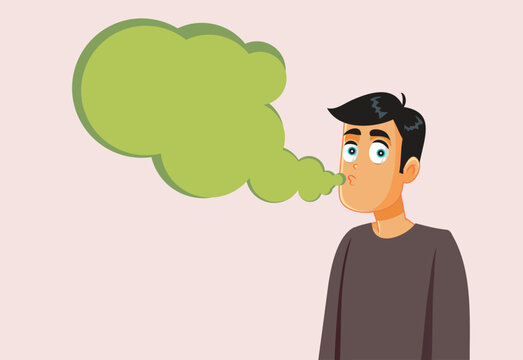 Man Expelling Green Bad Breath Bad Halitosis Condition Vector Illustration. Embarrassed guy exhaling toxic green air showing stinky breath bacteria problem 
