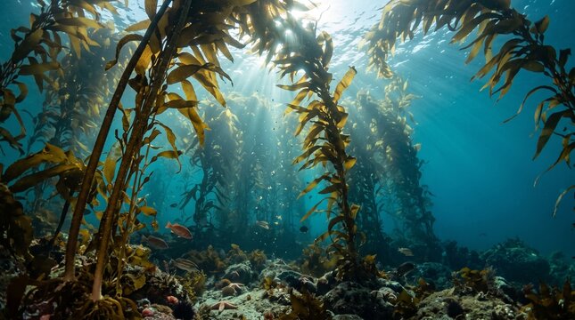 Kelp forest swaying underwater with sunlight rays