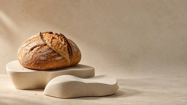 Artisan sourdough bread loaf on sculptural ceramic forms with warm neutral background and copy space