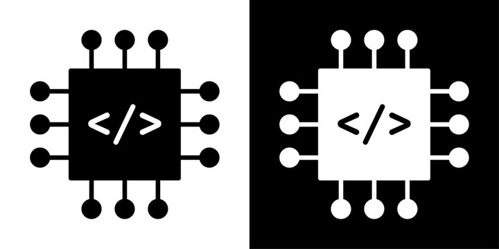 Code chip icon with circuit pins and code symbol, for software development, programming, and coding technology apps