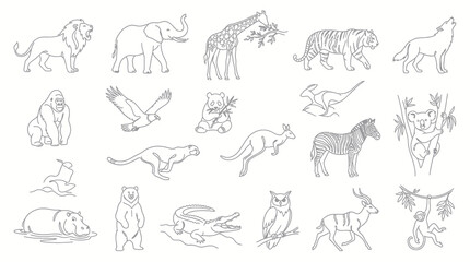 Naklejka premium Wildlife Animals Black and White Line Art Icon Set - Nature and Zoo Outline Illustrations Collection