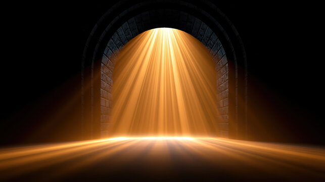 Photorealistic ancient stone arch with golden light beams illuminating dark passage and glowing ground, creating dramatic spiritual atmosphere and mysterious sense of discovery